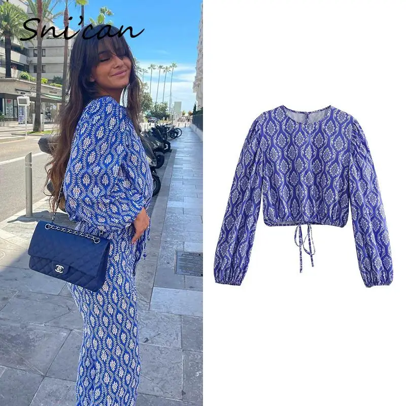 

Blue Paisley Print Women Blouse Fashion Summer Long Sleeve O Neck Short Crop Sashes Ladies Shirts Oversize Casual Female Tops