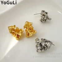 trendy jewelry s925 needle geometric earrings simply design irregular metallic golden silvery color stud earrings for women gift