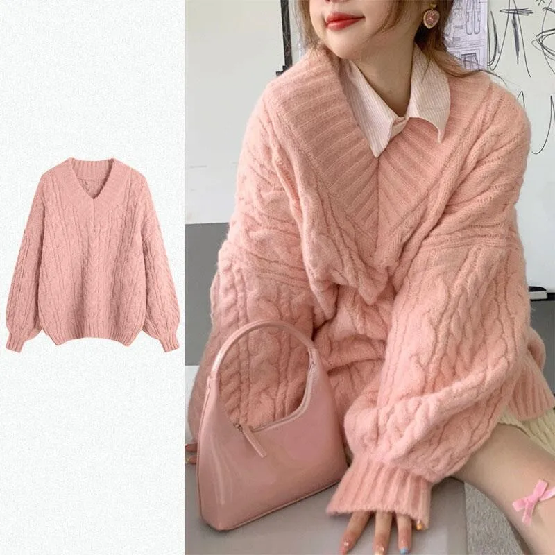 

2022 Autumn and Winter women's Gentle style Solid color lazy fried dough twist thickened sweater new loose knit