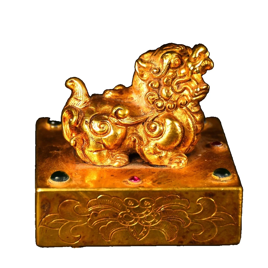 

MOZART Treasured Bronze Gilt Hui Lu Shou Ruby Set Seal Chinese Traditional Style Antiques Fine Art Gifts Crafts