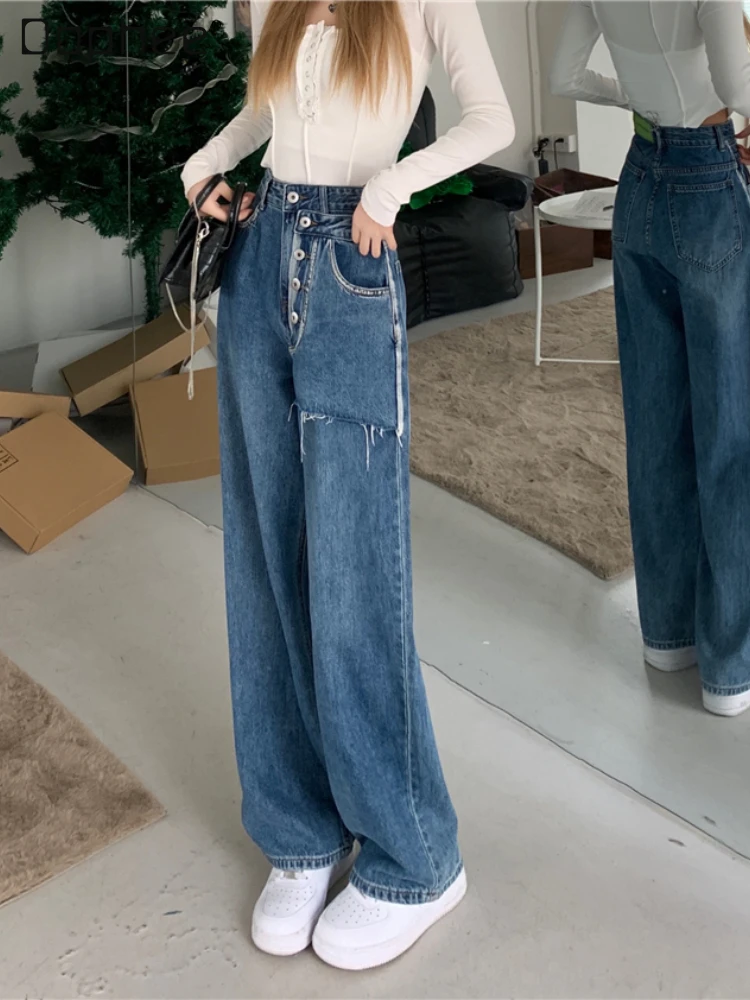 

Casual Blue High Waist Wide Leg Jeans Student female 2022 Summer New High Street Baggy Straight Denim Trousers Streetwear Women