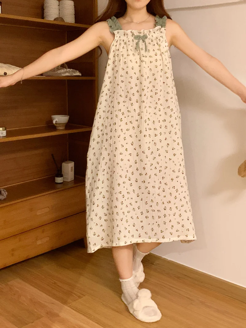 

Floral Print Summer Nightgown Women Korean Spaghetti Strap Long Sleepwear Loose Cotton Bow Ruffles Vintage Night Dress Apricot