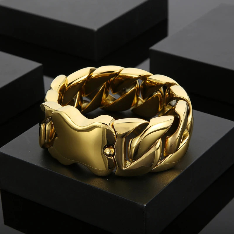 Fongten 31mm Width Men's Heavy Cuban Chain Bracelets Brushed Shiny Stainless Steel Chunky Bracelet For Men Classic Jewelry