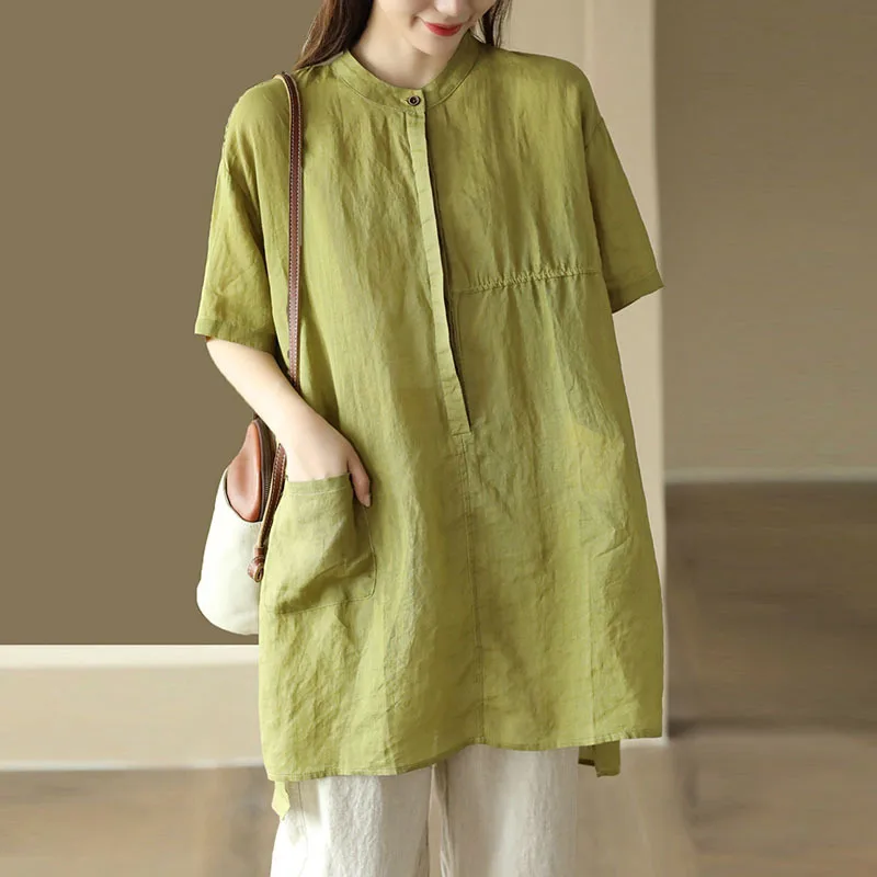 

NINI WONDERLAND 2023 летняя однотонная винтажная Ретро длинная рубашка женская Свободная Повседневная рубашка с коротким рукавом Женский Тонкий Топ