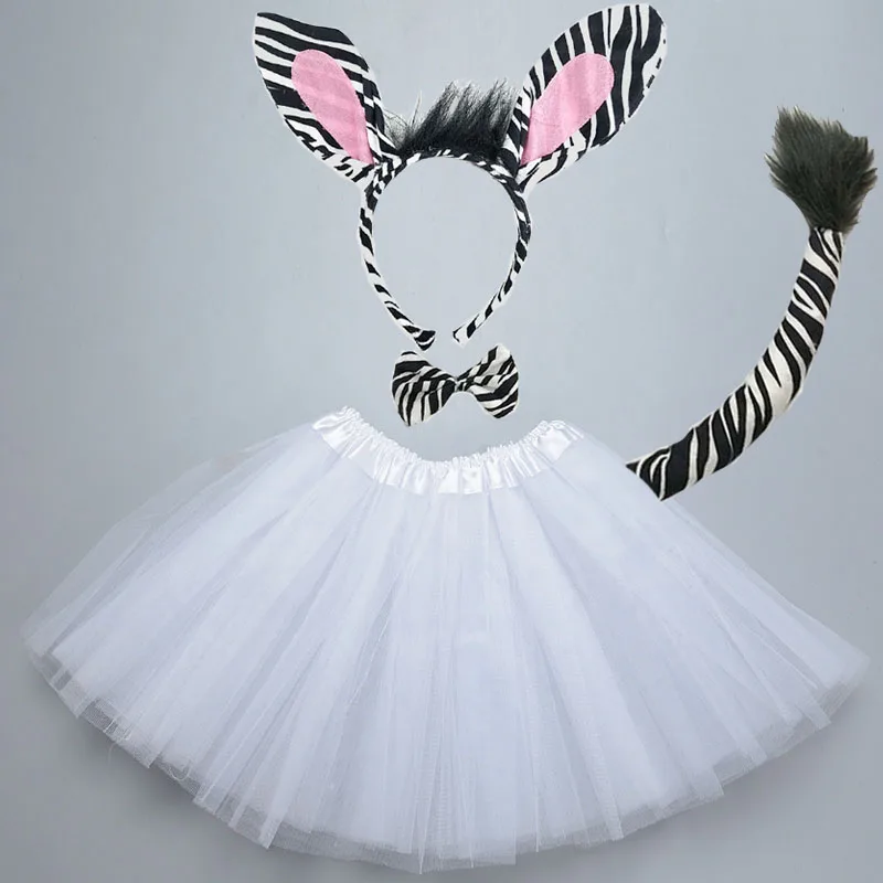 

Adult Kids Animal Jungle Zebra Costume Set Long Ears Tail Bow Skirt Tutu Cosplay Props Accessories Party Christmas Halloween