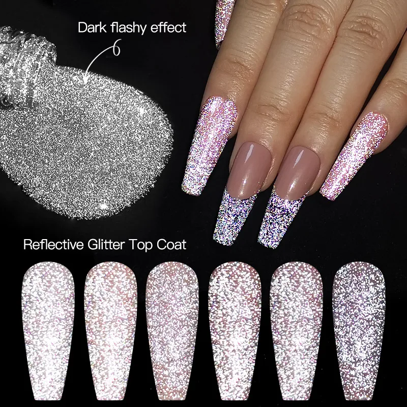 

MEET ACROSS Reflective Glitter Top Coat Laser Gel Polish All For Manicure Semi Permanent Soak Off Nail Art Design Base Top Coat
