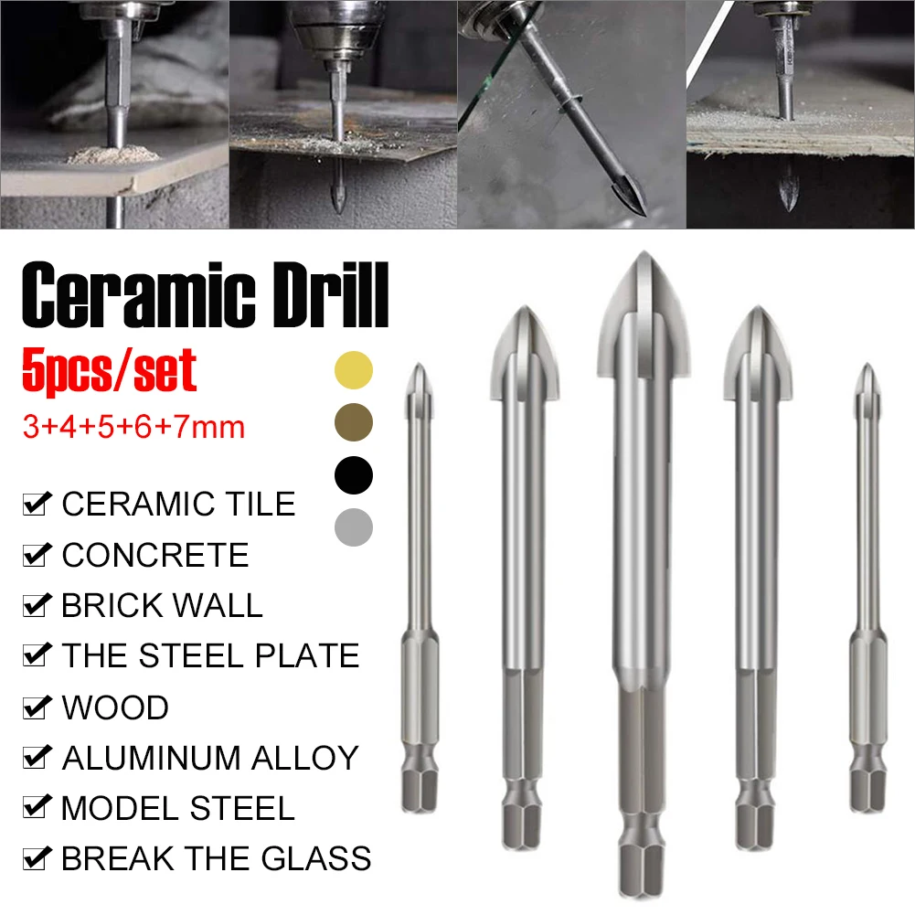 

5Pcs Tile Drill Bit Set YG8X Cemented Carbide Tip 3/4/5/6/7mm Drilling Bit 1/4" Hex Shank for Ceramic Tile Glass Marble Metal