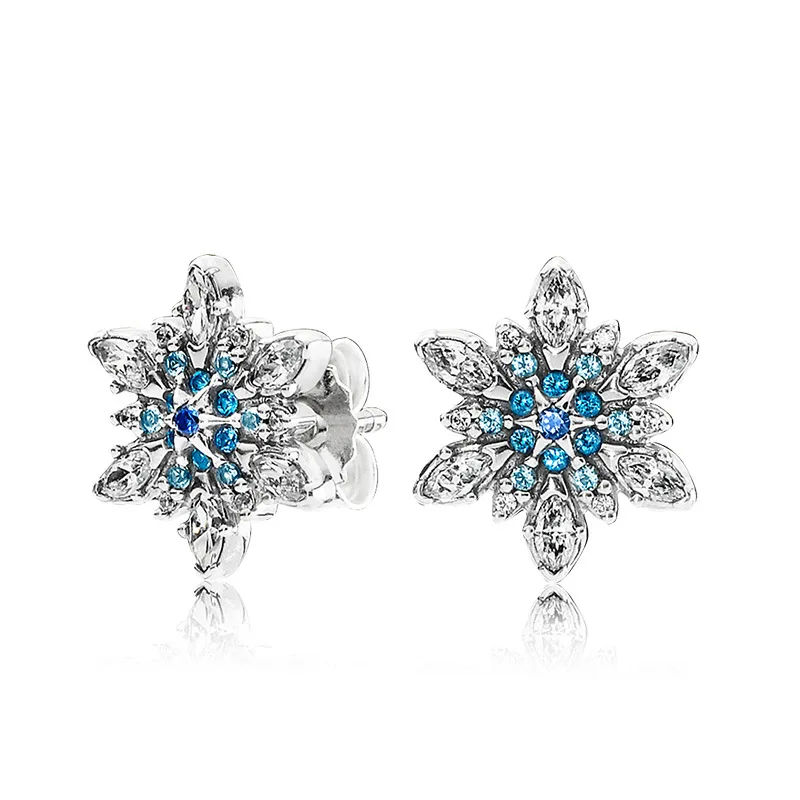 Серьги-гвоздики из серебра 925 пробы с синими бриллиантами и снежинками