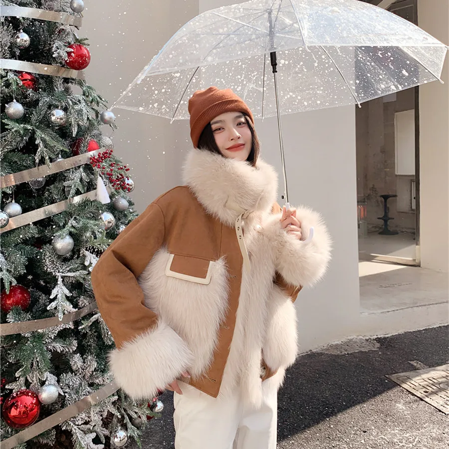 Wearing Fox Fur Top Women's Clothing Full Leather Coat on Both Sides Young Jackets Winter Overcoming Suede with Fox Fur Collar