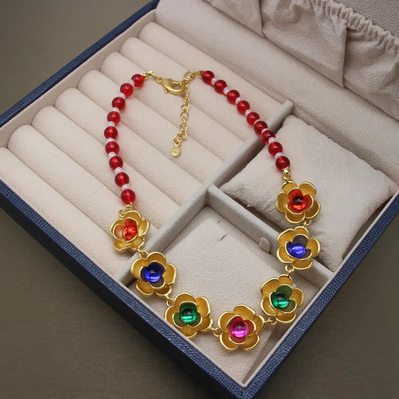

European and American summer medieval glass color gem necklace fog real gold flower glass bead necklace