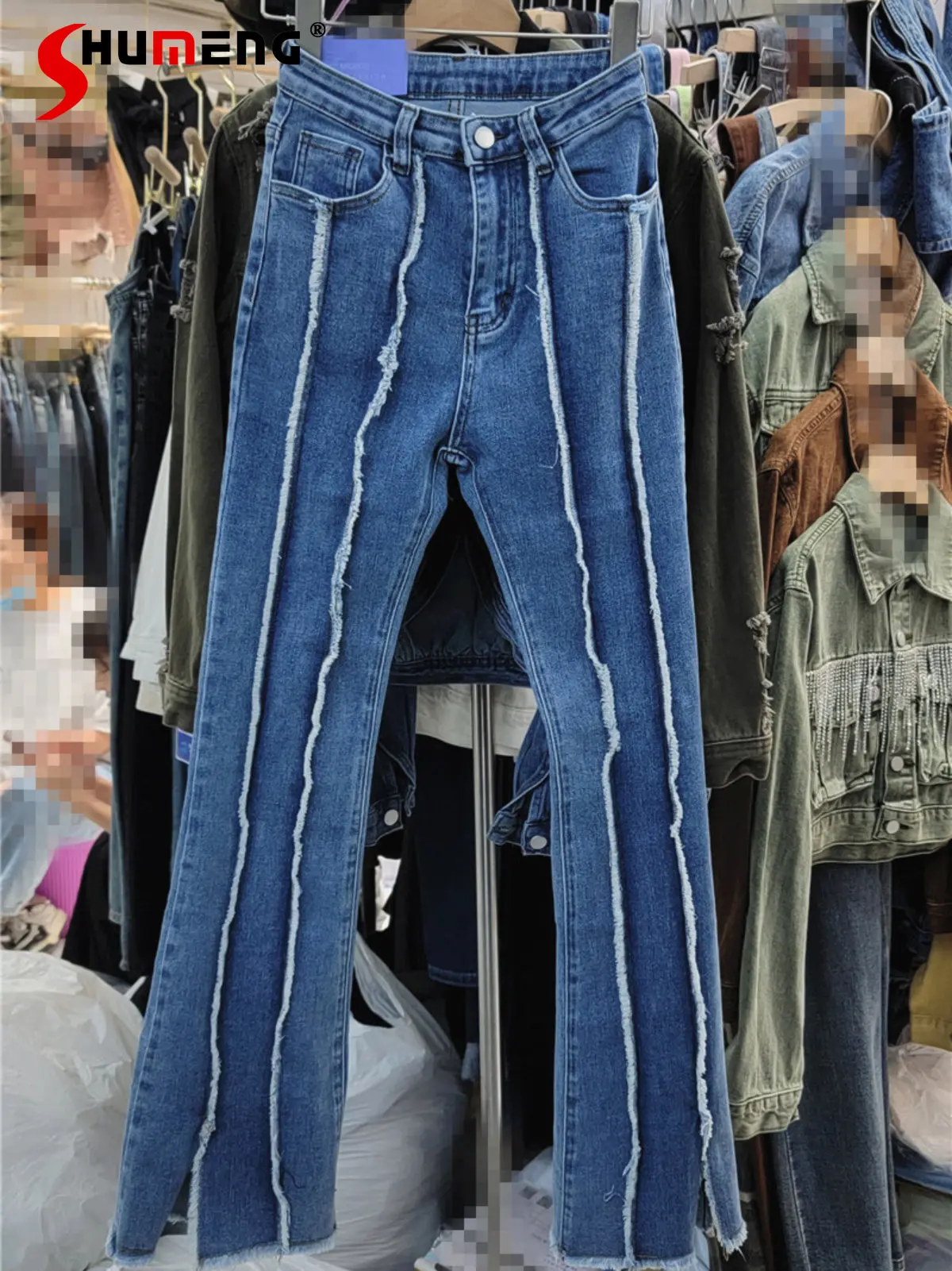 

Fashion Casual Retro Washed Blue High Waist Jeans Women 2022 Autumn New Simple Slim Fit Frayed Stitching Slit Flared Denim Pants