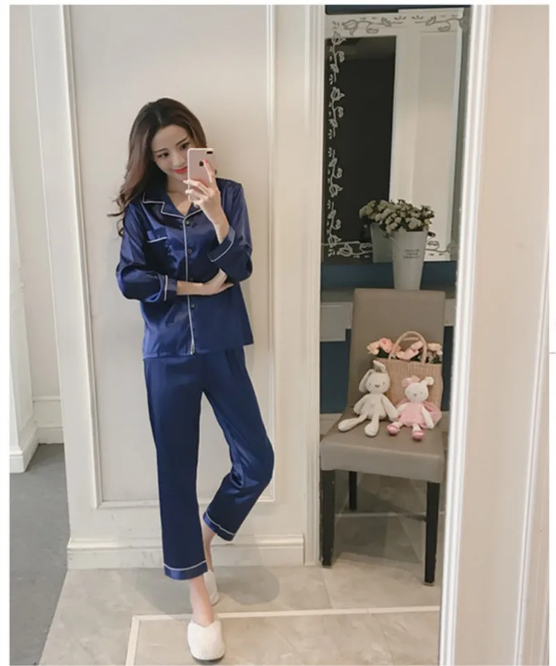 Ice Silk Women's Pajama Suit 95% Polyester Fiber Korean Version Sexy Clothes Leisure Breathable Simple Natural Spring Home Wear