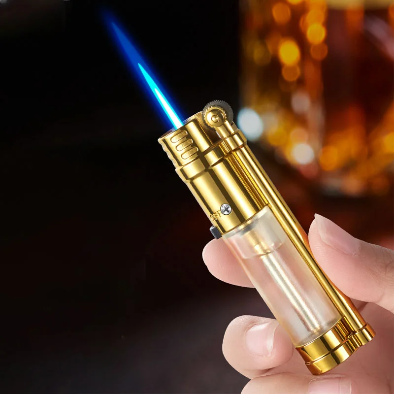 

Metal Personality Transparent Gas Chamber Straight Into The Windproof Blue Flame Inflatable Butane Gas Grinding Wheel Lighter
