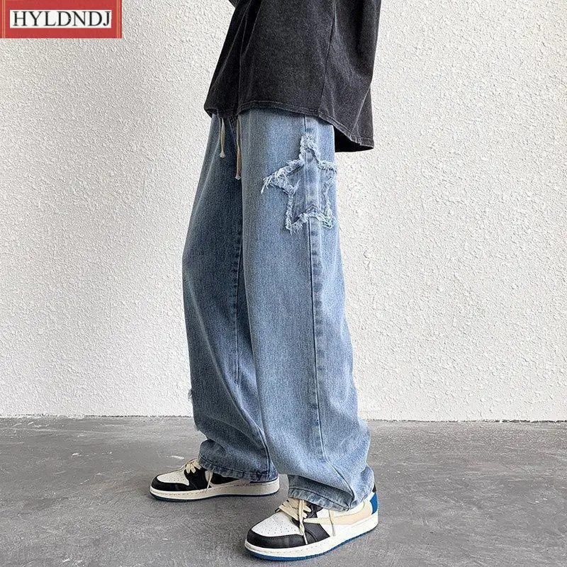 New American Casual Loose Straight Pants High Street Star Embroidered Jeans Men Retro Washed Patch Loose Wide Leg Pants