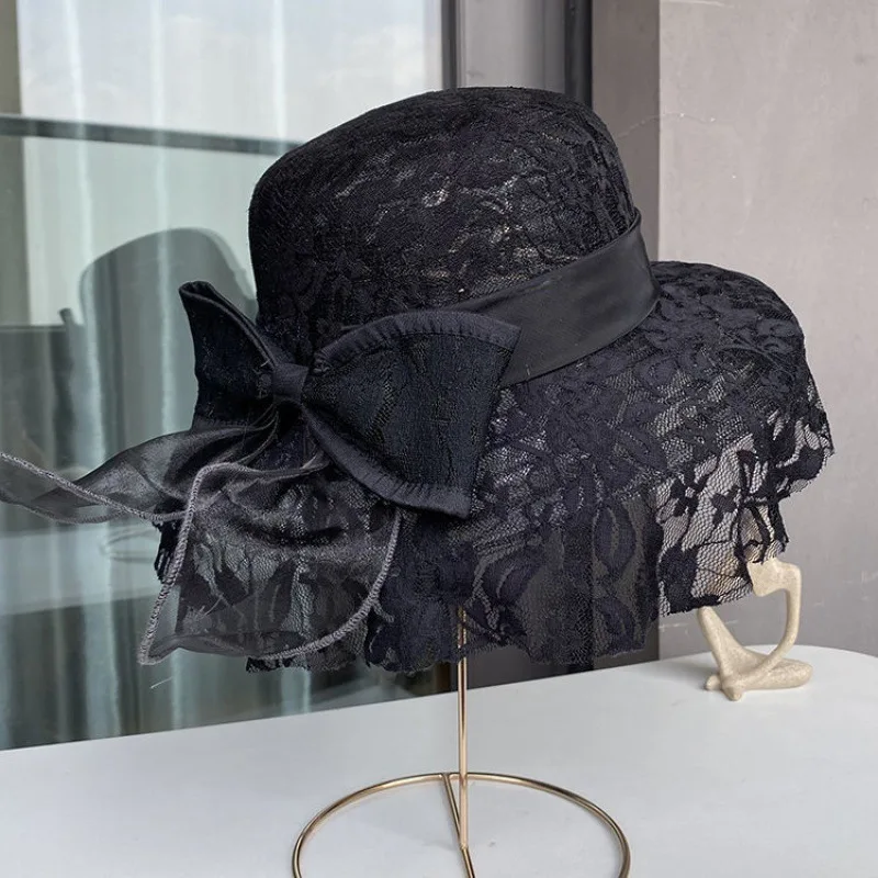 Retro Satin Ribbon Dressy Cap Sun Summer Hat For Women Church Designer Couture Bridal Kentucky Derby Cap UV Protection Hat