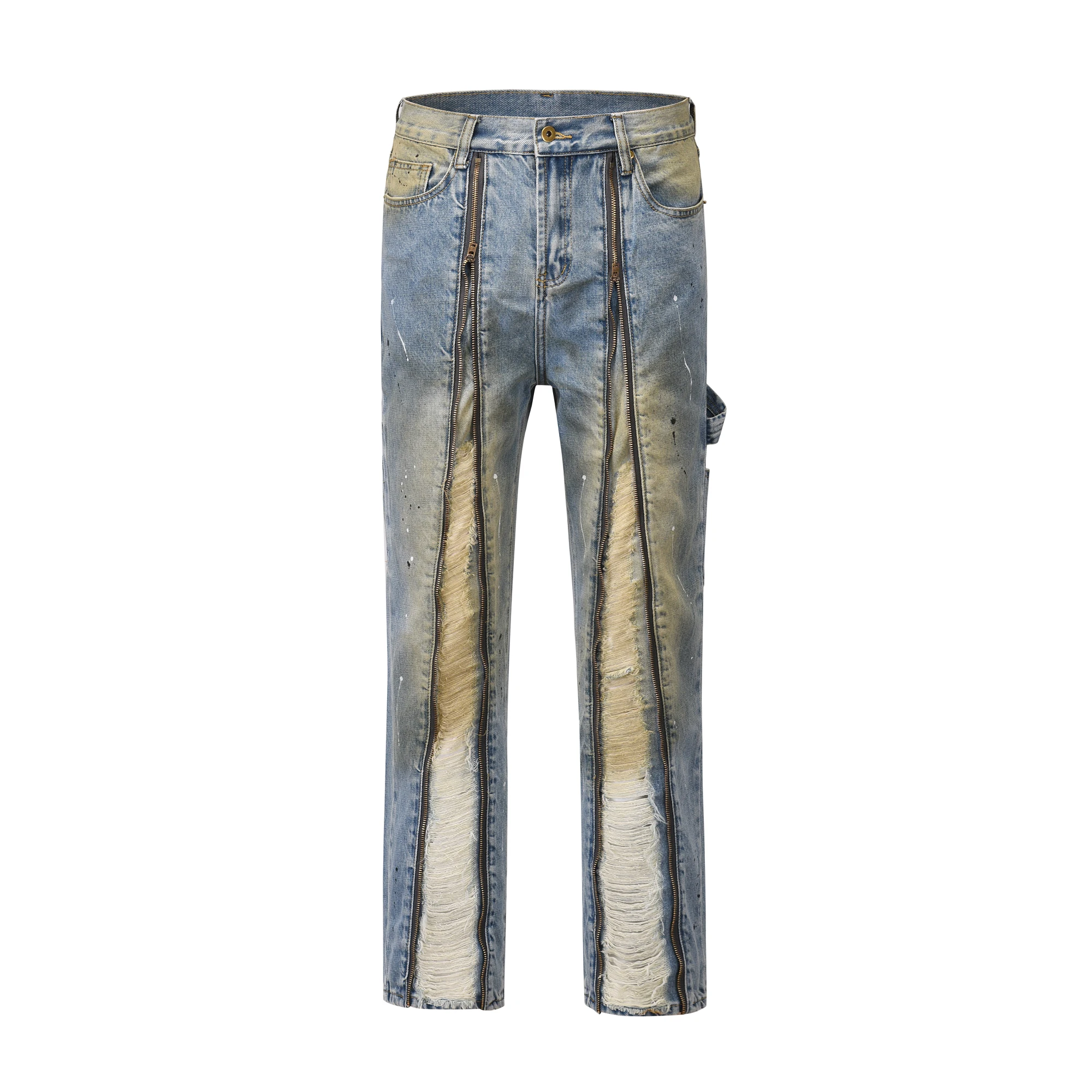 

Y2k Streetwear Vintage Long Zipper Distressed Washed Tapered Jeans Slim Hip Hop Speckle Ink Ripped Straight Jeans Pants for Men