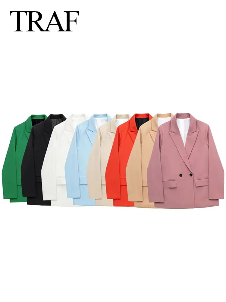

TRAF Womens Double Breasted Solid Color Blazer Vintage Long Sleeve Flap Pockets Suit Coats Fashion Street Femme Outerwear