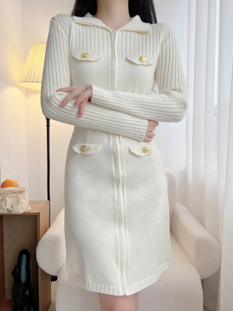 

Casual Lapel Long Sleeved Slim Fit Zippered Cardigan Knit Skirt 2023 Autumn New Fashionable Women'S Clothing