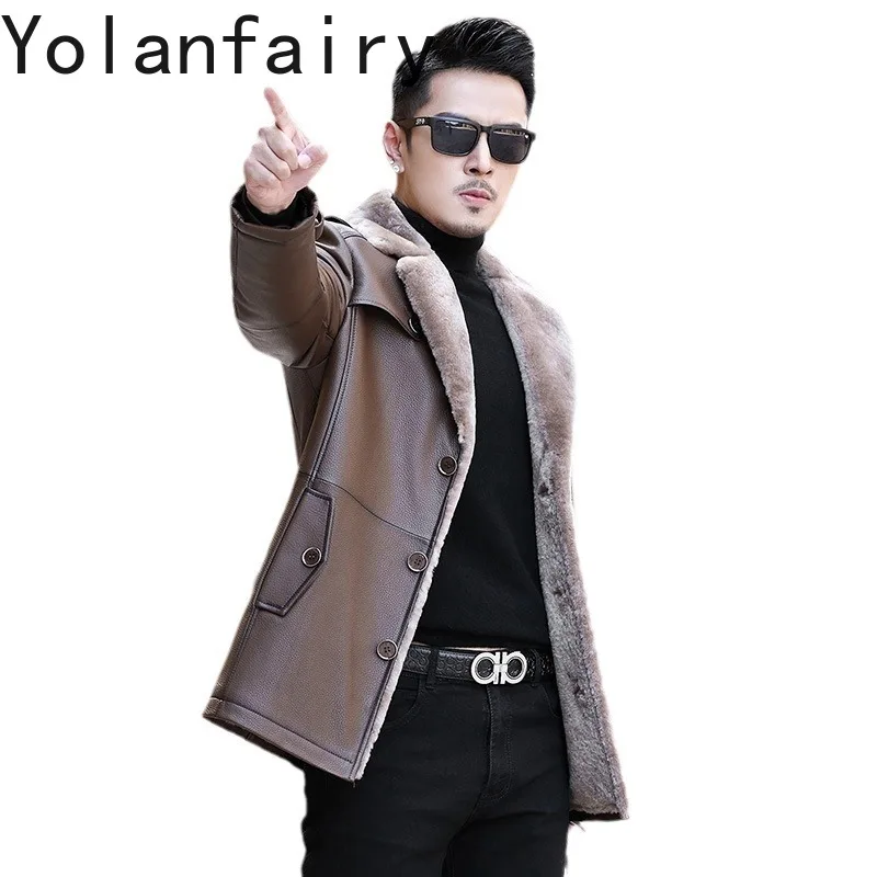 Мужская кожаная куртка YOLANFAIRY из воловьей кожи роскошное зимнее пальто для мужчин