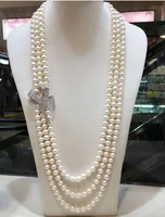beautiful 3 rows 25-27inch AAA 8-9mm White Round Freshwater Cultured Pearl inlay zircon Necklace