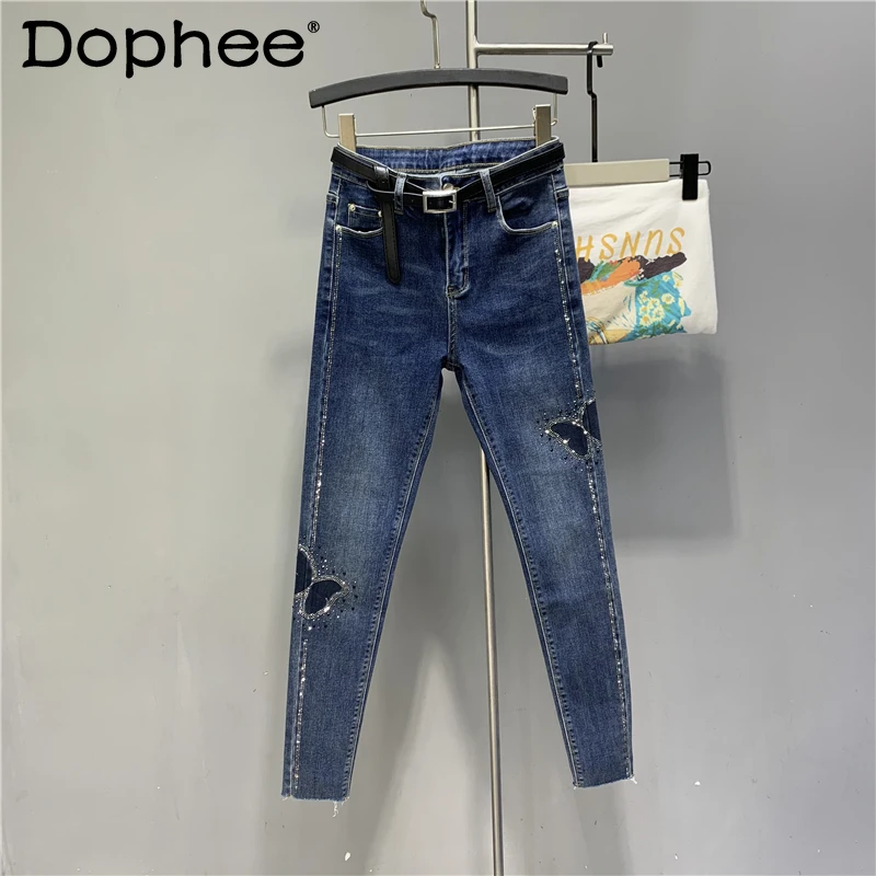 

Тяжелые Промышленные бриллиантовые Стразы, синие обтягивающие джинсы для женщин, сезон весна-лето 2022, эластичные облегающие джинсовые брюк...