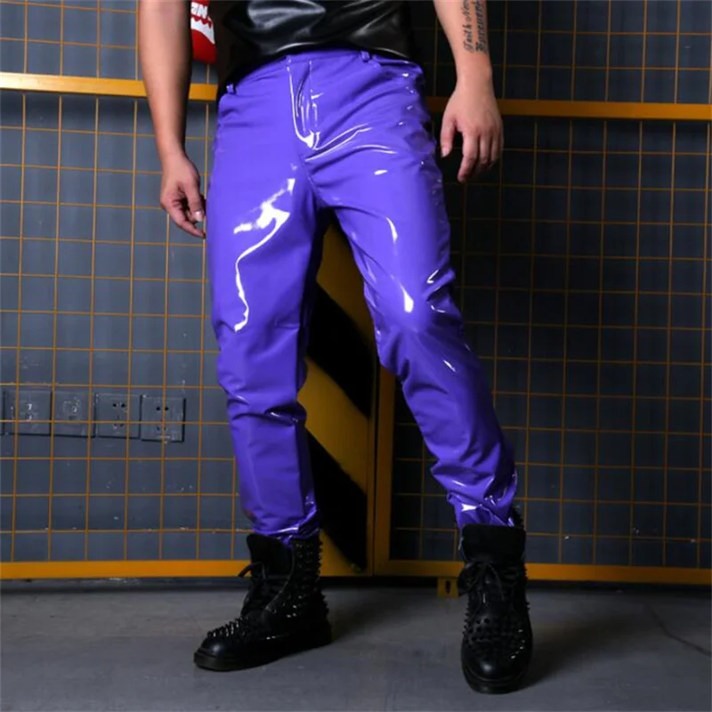 Blue patent leather trousers mens elastic all-match stage style costumes singer dance costumes