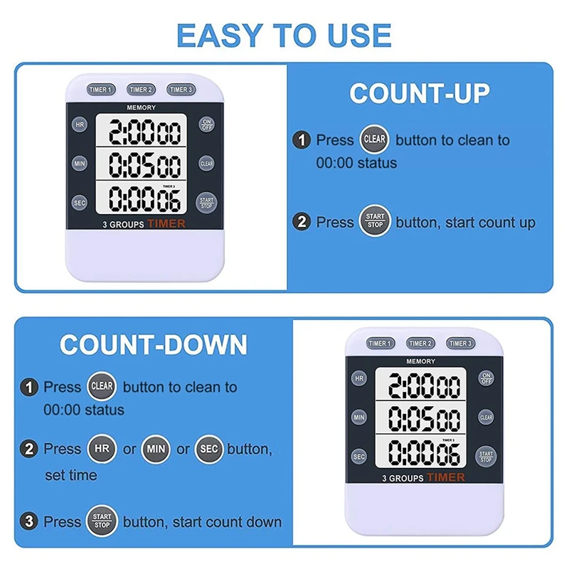 

2Pcs Digital Dual Kitchen Timer 3 Channels Count UP/Down Timer Cooking Timer Large Display Countdown Timer For Study,Etc