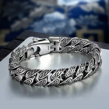 S925 Silver Male Tang Grass Pattern Bracelet Men's Bracelet Versatile Hegemony European And American Fashion Bracelet 6