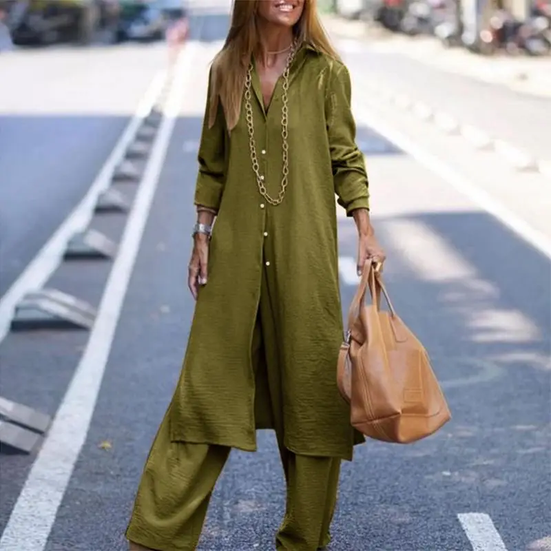 

Fashion Office Suits Spring Casual Lapel Button Shirt With Long Pants Commuting Set Retro Ladies High Street Straight Outfits