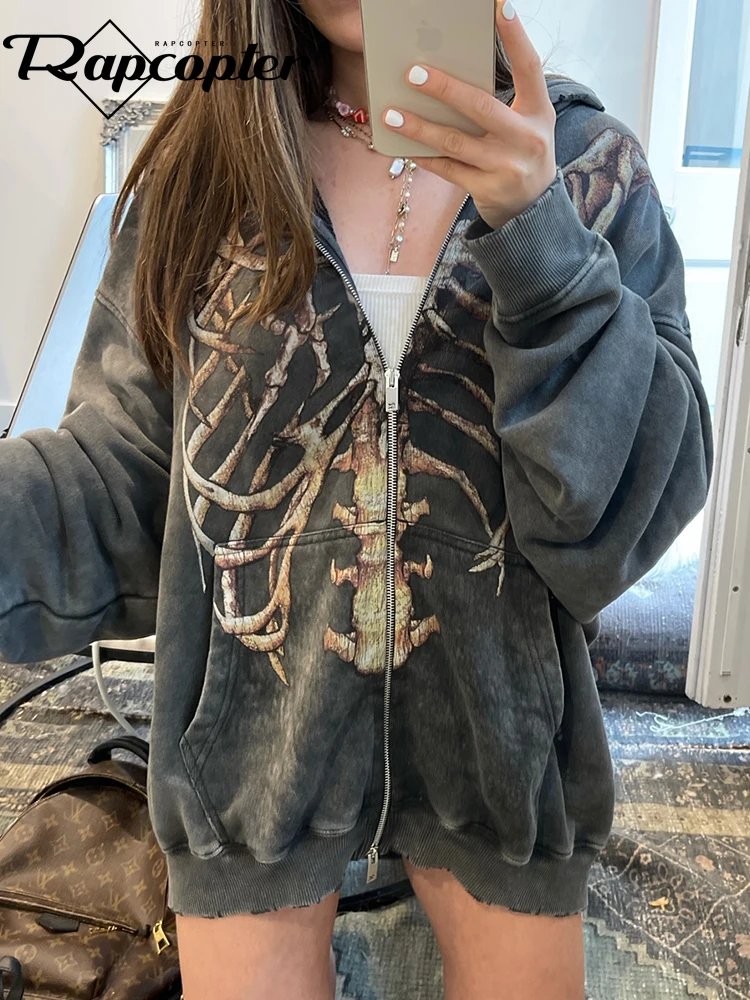 

Rapcopter y2k Skeleton Jackets Loose Grey Zipper Hooded Coat Women Grey Pockets Retro Sweatshirts Women Grunge Outwear Fashion
