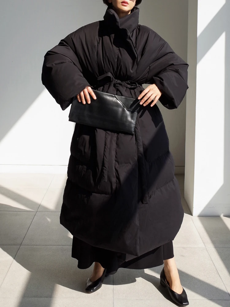 

CamKemsey корейские пушистые зимние пальто большого размера, женские шикарные длинные зимние куртки с воротником-стойкой и толстым теплым пуховым хлопковым наполнителем на шнуровке