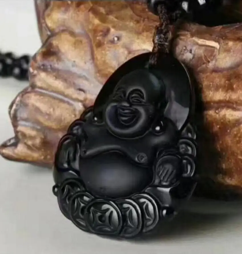 

Free Shipping Special offer 55*48mm Natural Obsidian Handmade coin Buddha pendant necklace