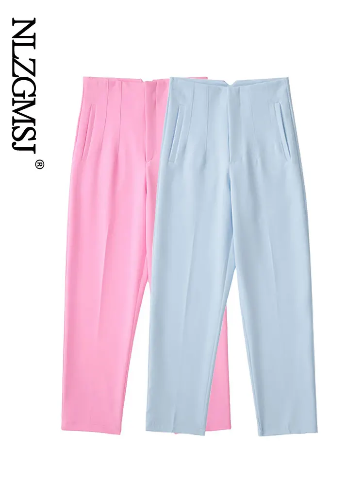 

Nlzgmsj 2022 Spring Trouser Suits High Waisted Pants Women Office Beige Pants Chic Button Zip Elegant Pink Casual Woman 202204