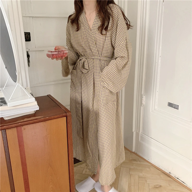 Women Plaid Robe Loose Pajamas Japanese Style V-neck Long Sleeve Ins Nightgown Comfortable Casual Spring New Sleepwear
