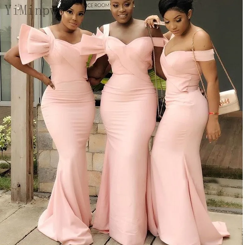 

YiMinpwp Pink Mermaid Bridesmaid Dresses Off Shoulder Sweep Train Big Bow Women Wedding Guest Party Gowns Maid of Honor Dress