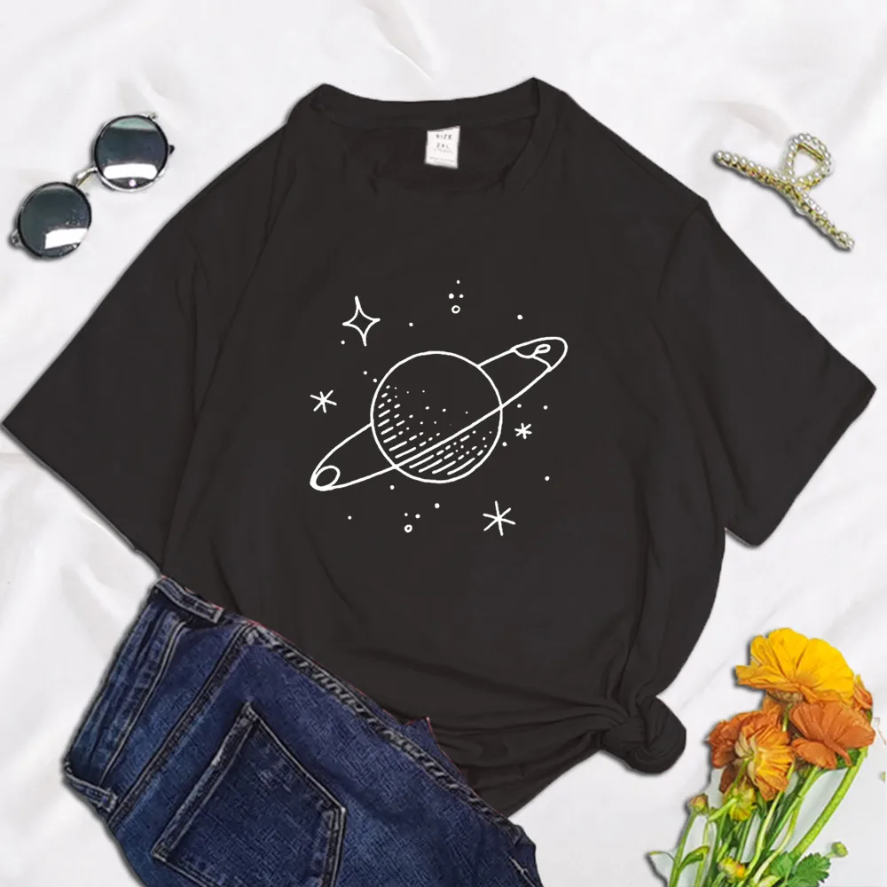 Funny Planet Space Pin Women T Shirt 2022 Summer Round Neck Y2K Funny Polyester Cartoon T-shirt Graphic Streetwear