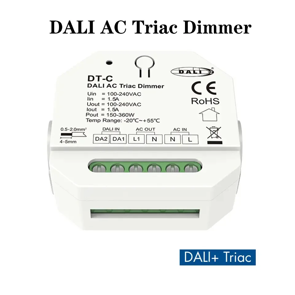 

DALI AC Triac Dimmer DT-C Диммер с висячими краями для одноцветных светодиодных ламп с регулируемой яркостью AC100-240V 1,5A 360W