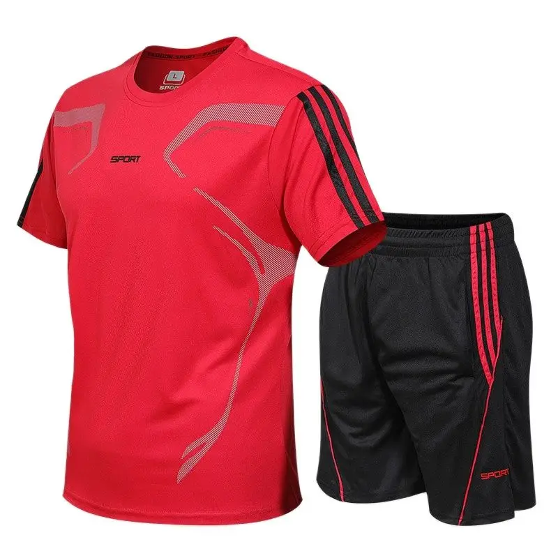 Men's Running Tight T-shirt Sports Set Gym Fitness Top with Beach Pants 2PC Sportswear Quick Drying Fashion Plus Size Clothing