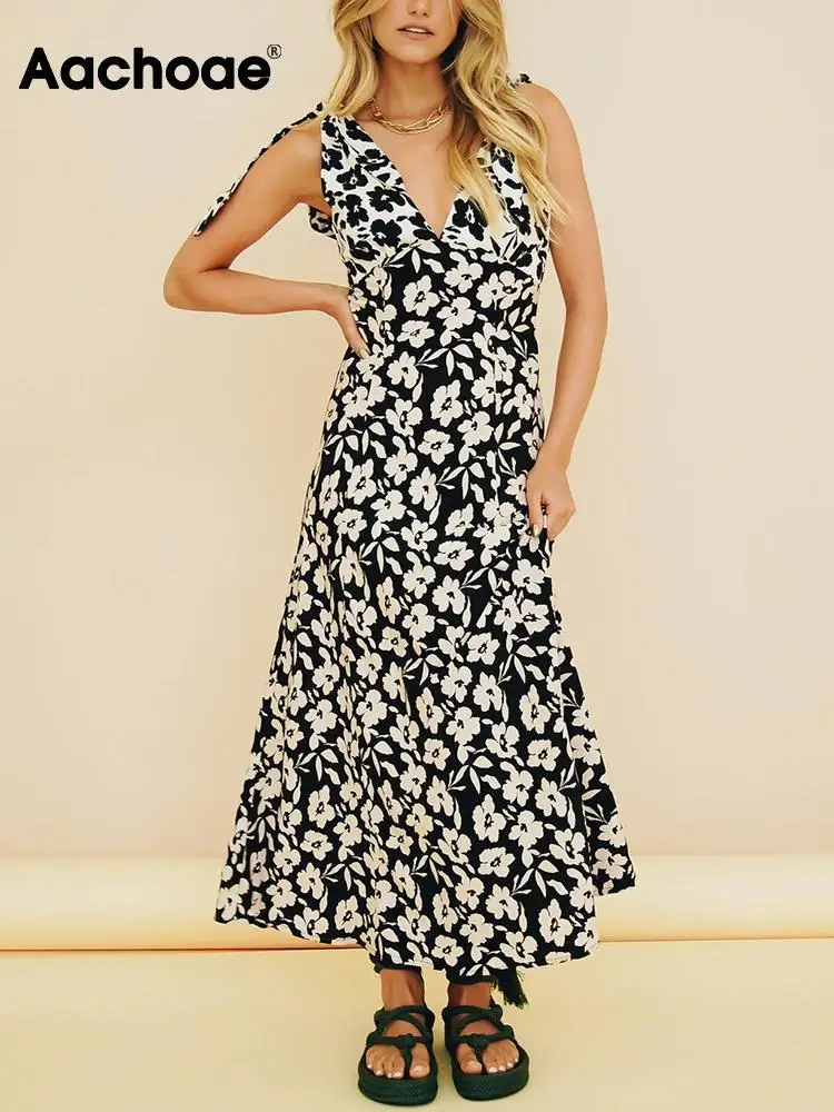 

Платье женское ТРАПЕЦИЕВИДНОЕ с цветочным принтом, V-образным вырезом и бантом