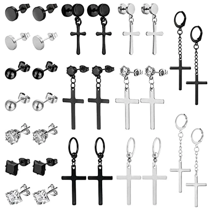 

15 Pairs Stainless Steel Cross Earrings Studs Hoop Earrings Hinged Dangle Cross Punk Earrings for Men and Women