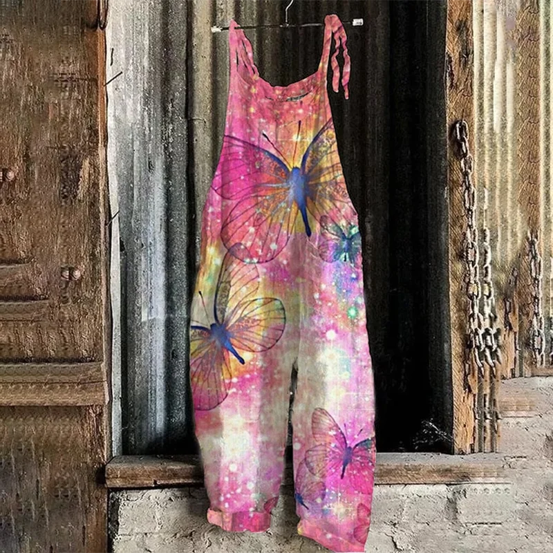 Широкий свободный комбинезон женский повседневный винтажный с принтом бабочки