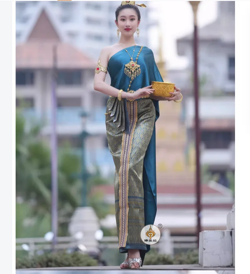 Традиционный тайский Женский костюм с одним плечом и драпированной вуалью