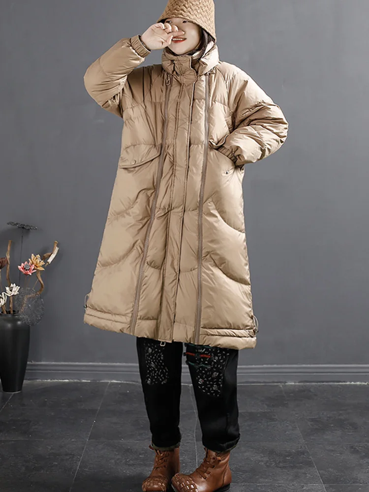 FTLZZ Winter Female Stand Collar Button Zipper Long Jacket Casual Loose Thick Warm Puffer Coat Women White Duck Down Coat