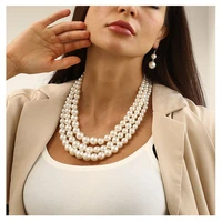 exaggerated multilayer pearl choker necklace earring set ladies string pearl clavicle necklace neck chain party jewelry