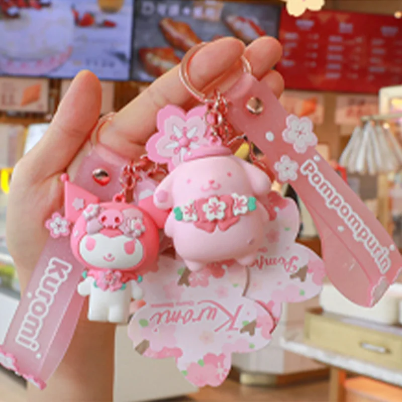 

Sanrio Anime Kawaii Keychain Hello Kitty Kuromi Melody Cinnamoroll Pom Purin Accessories Cartoon Sakura Series Keyrings