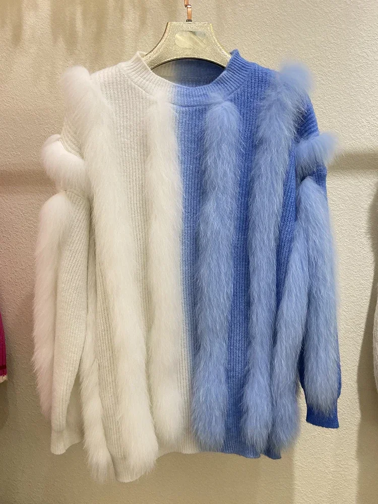 

2023 Women Fashion Gradient Real Fox Fur Strip Knitted Sweater Real Fur Loose Oversize Autumn Spring Long Knitwear