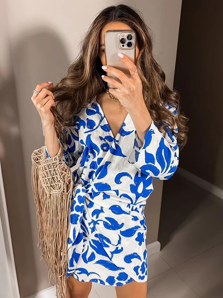 

2022 Модная женская одежда платья с перекрестным v образным вырезом и воротником элегантное винтажное мини-платье с принтом с длинным рукавом...