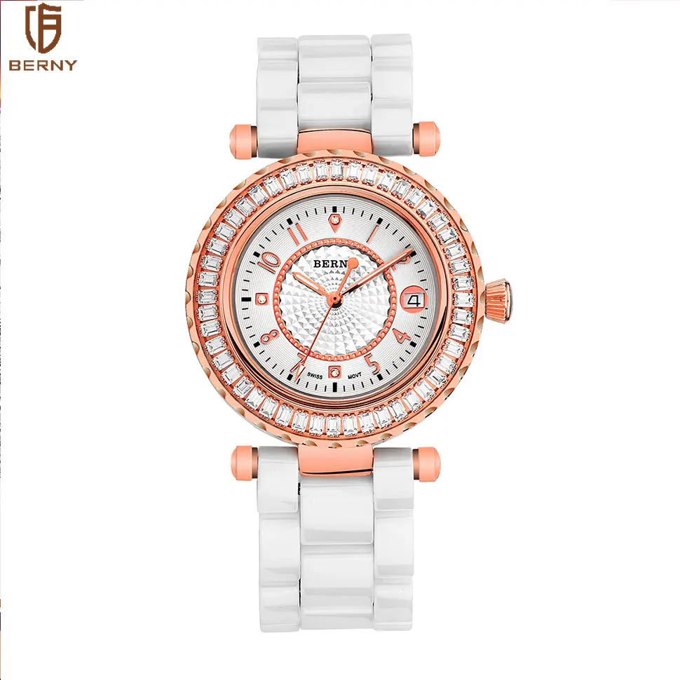 

BERNY Quartz Men's Wristwatch Ceramics Men/Women Watch with 48 zircon Inlaid Waterproof Rose Gold Bracelet High Accuracy Watches