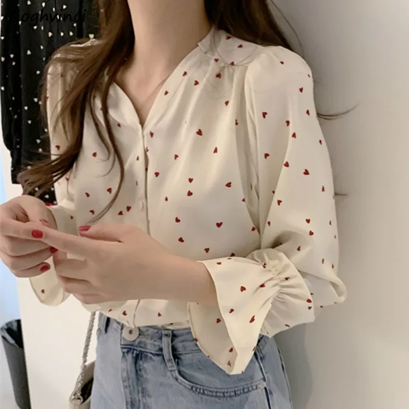 New in Women Long Flare Sleeve V-neck Sexy Printed Sweet Elegant Chiffon Hot Sale All-match Simple Loose Retro Chic Stylish BF j