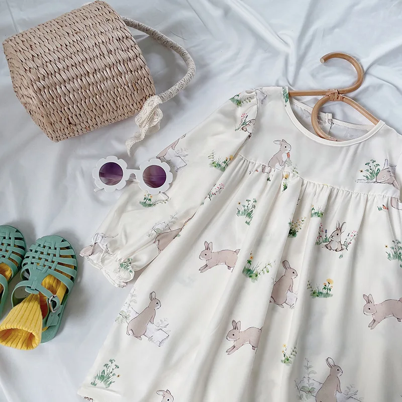 

RiniKinda 2022 Autumn Baby Girls Dresses Toddler Kids Girls Dress Cotton Puff Sleeve Cartoon Dress Princess Kids Clothings
